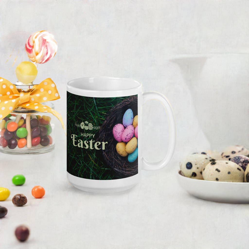 Easter White glossy mug Eggs in Basket