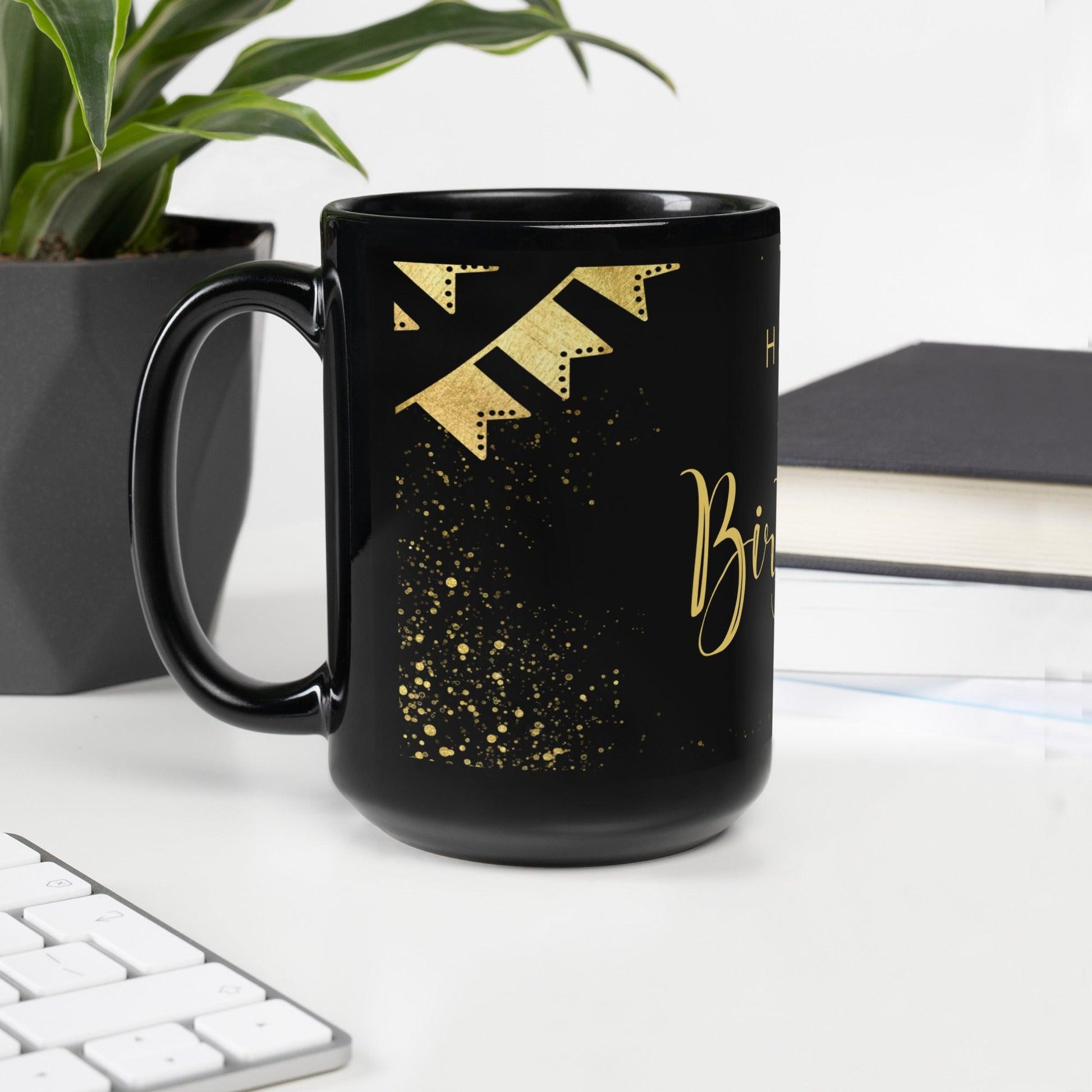 Birthday Banner Black Glossy Mug Unique Drinkware Dreams