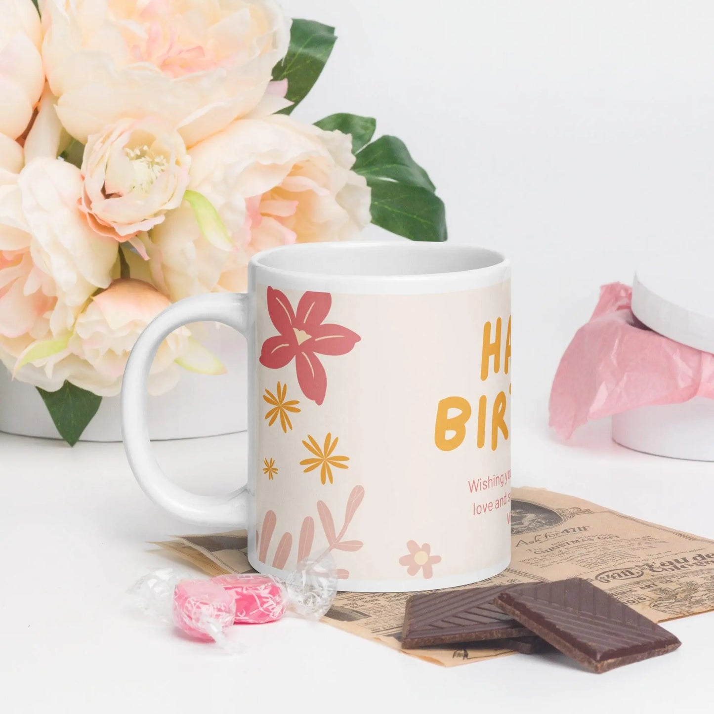 Birthday Flowers White glossy mug Unique Drinkware Dreams