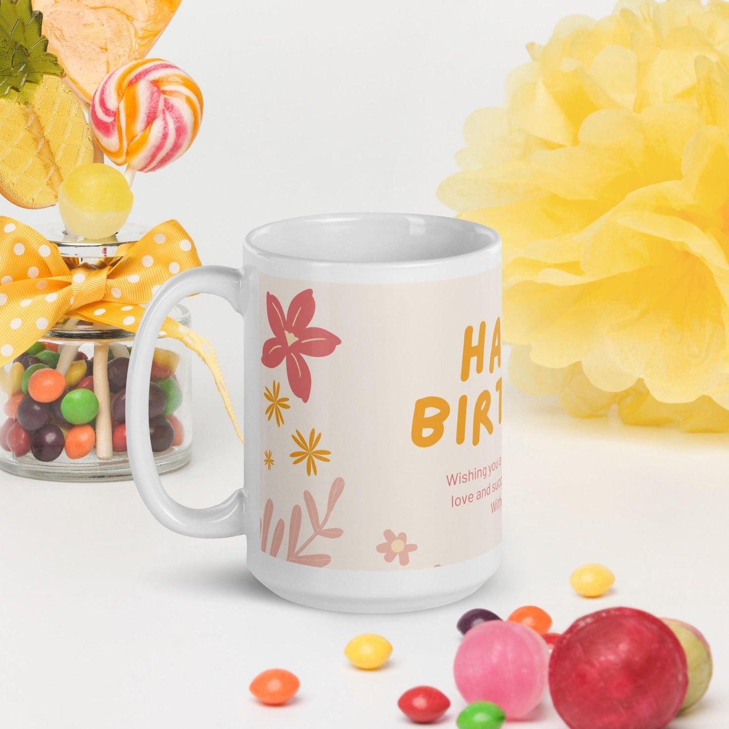 Birthday Flowers White glossy mug Unique Drinkware Dreams