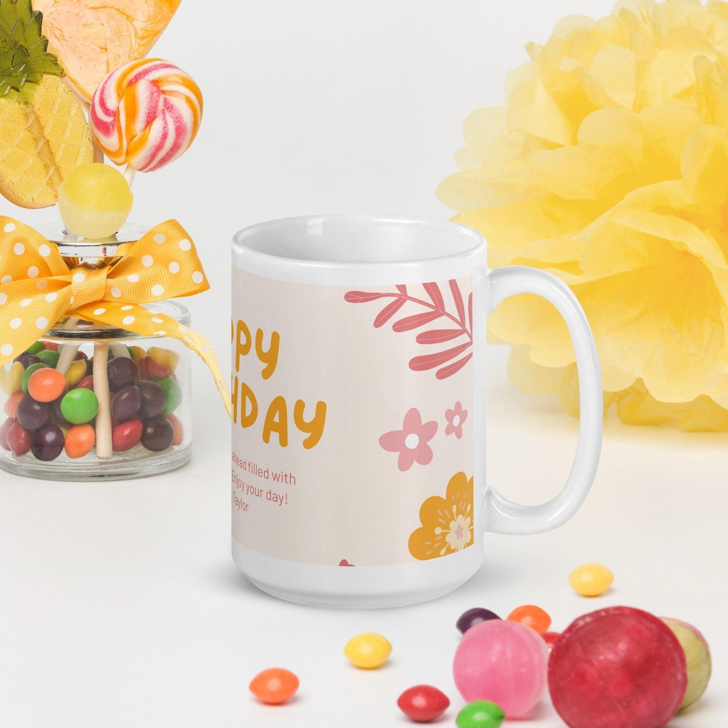 Birthday Flowers White glossy mug Unique Drinkware Dreams