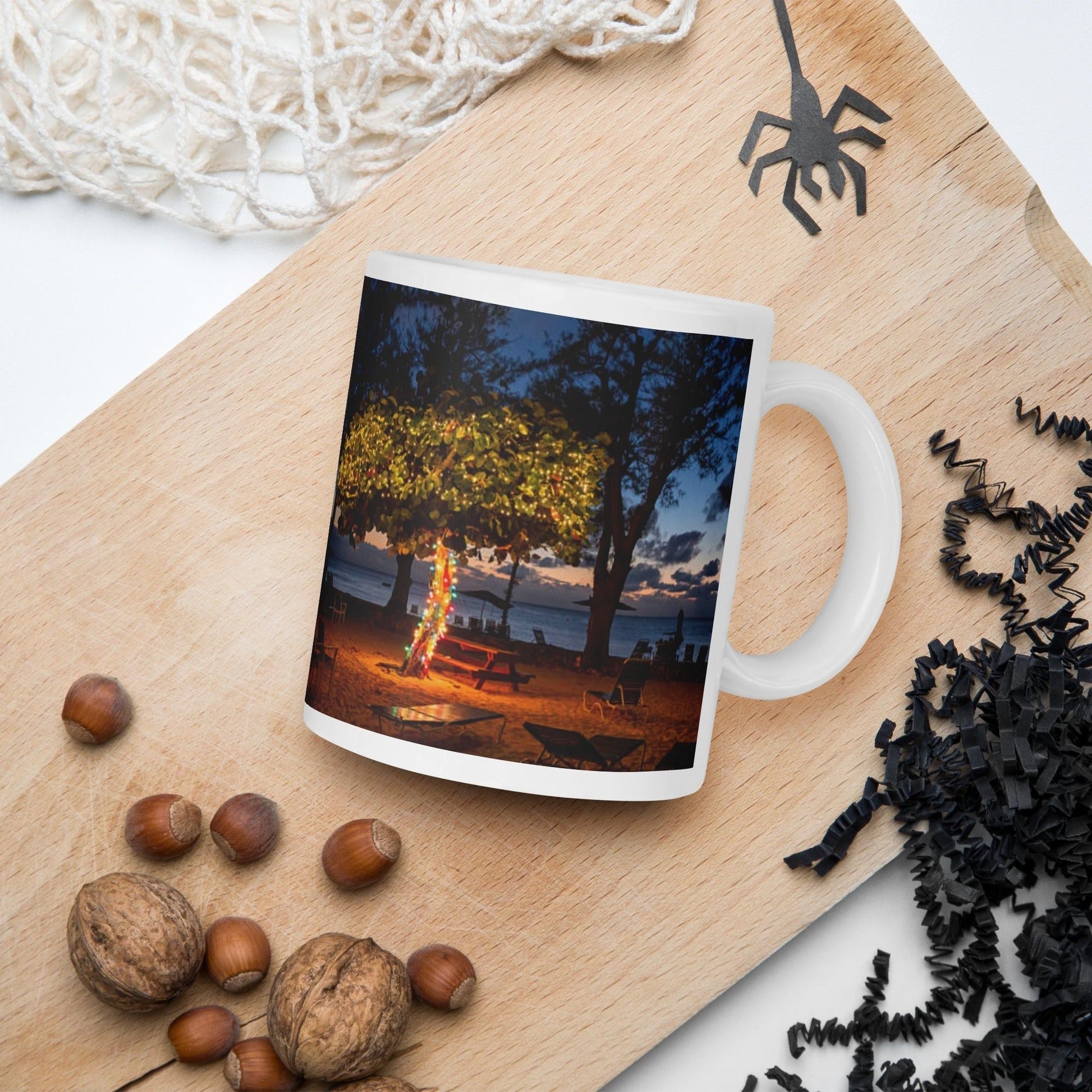 Caribbean Christmas Beach Side Night View White glossy mug Unique Drinkware Dreams