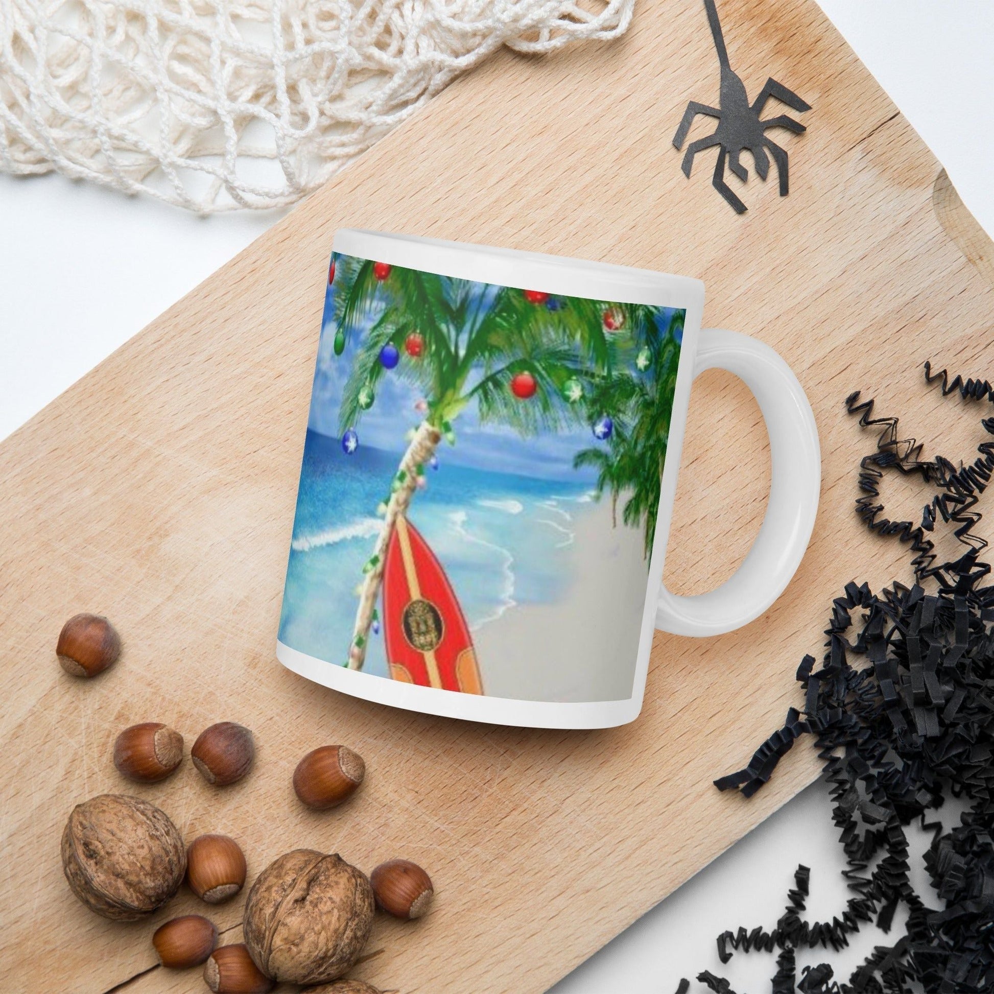 Caribbean Christmas Coconut Tree Decorated White Glossy Mug Unique Drinkware Dreams