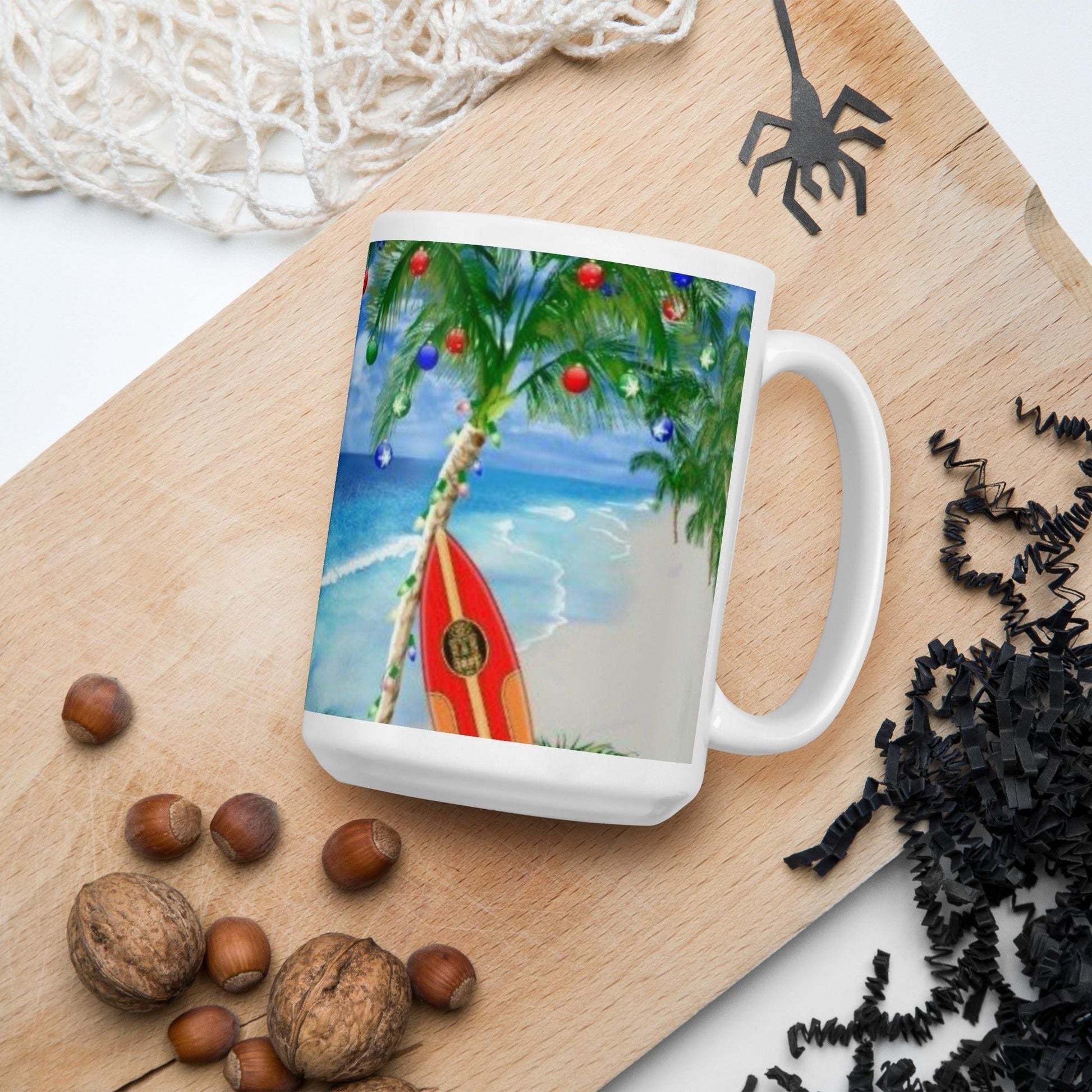 Caribbean Christmas Coconut Tree Decorated White Glossy Mug Unique Drinkware Dreams