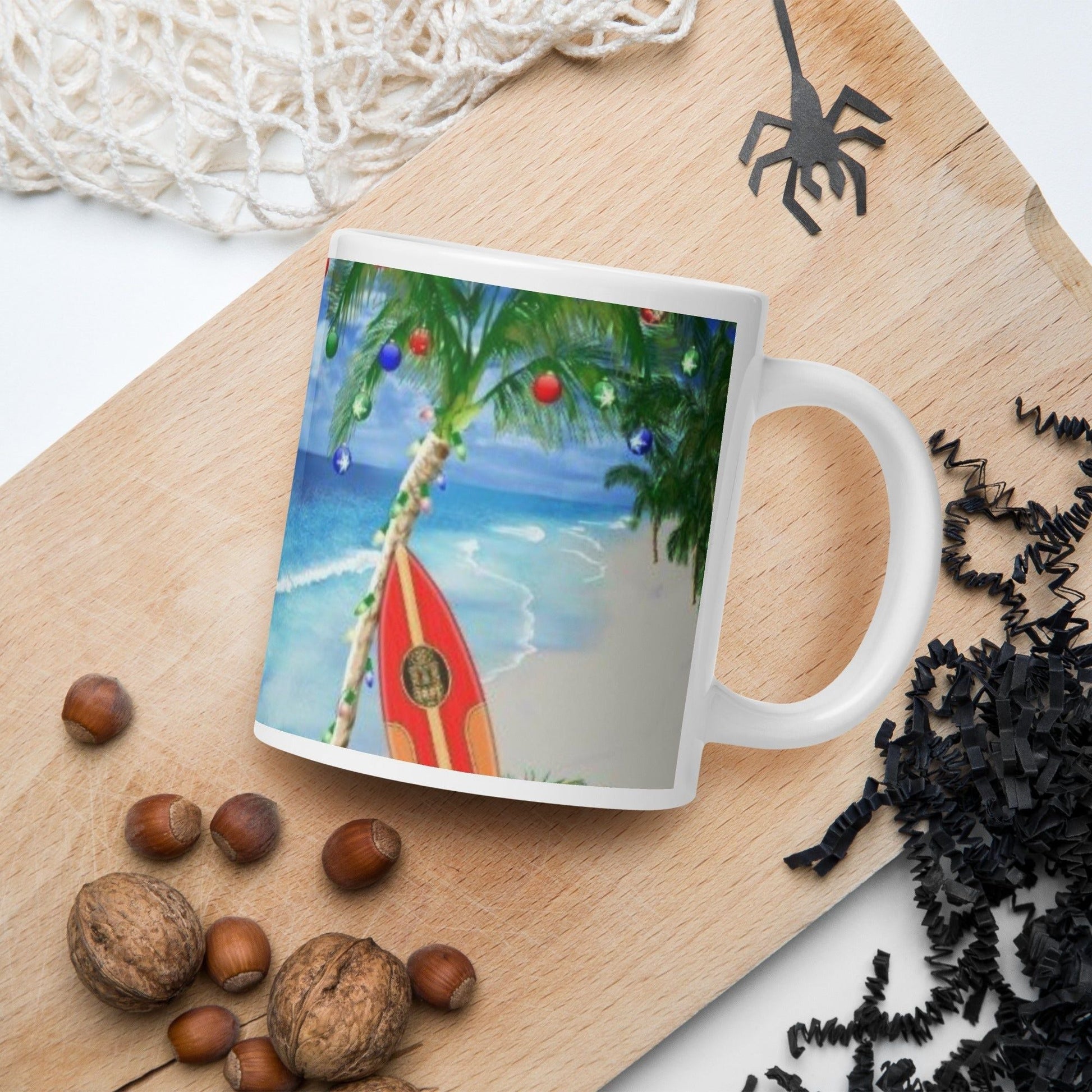 Caribbean Christmas Coconut Tree Decorated White Glossy Mug Unique Drinkware Dreams