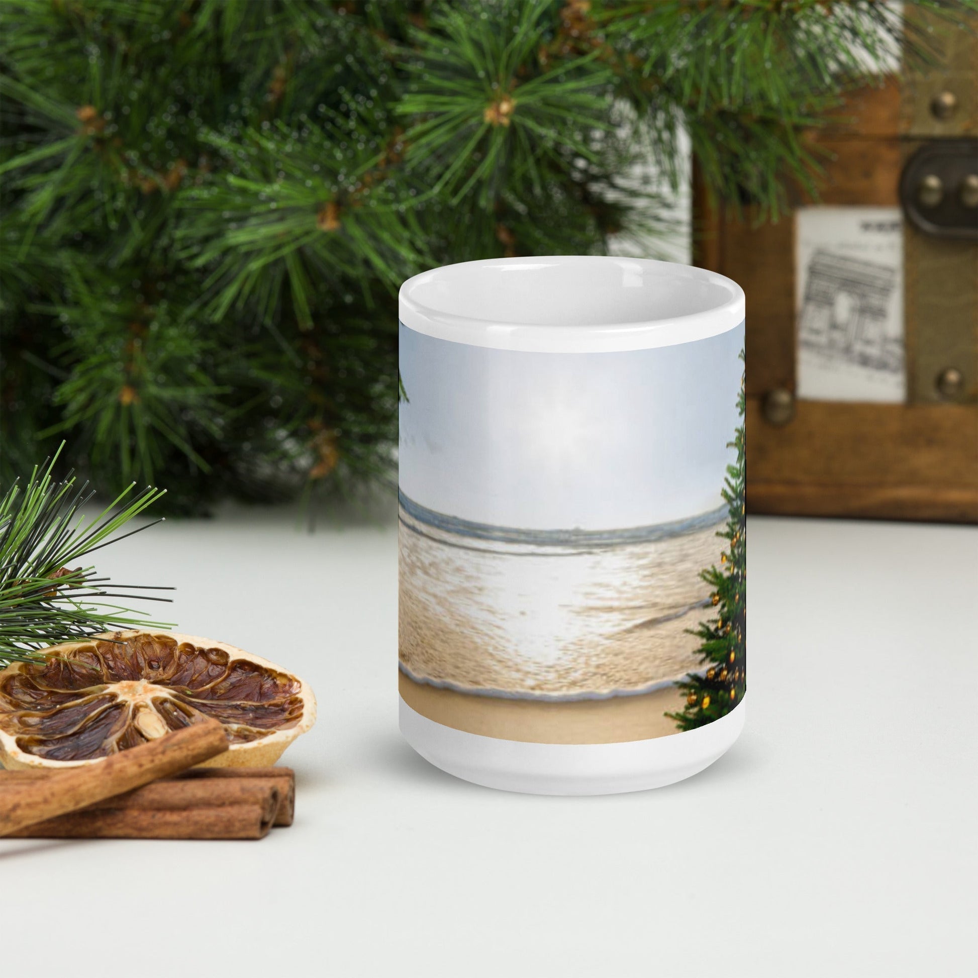 Caribbean Christmas Tree on the Beach White glossy mug Unique Drinkware Dreams