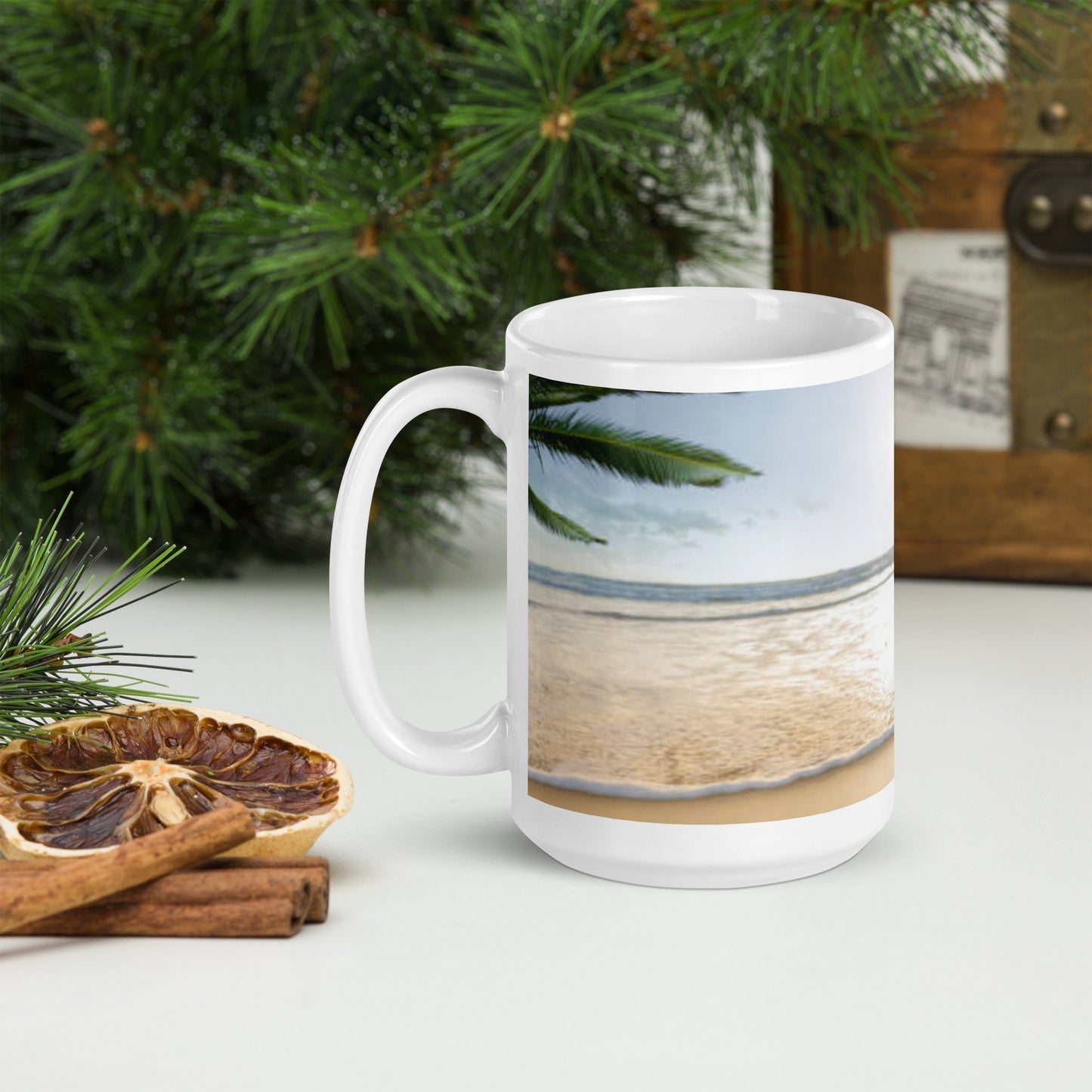 Caribbean Christmas Tree on the Beach White glossy mug Unique Drinkware Dreams