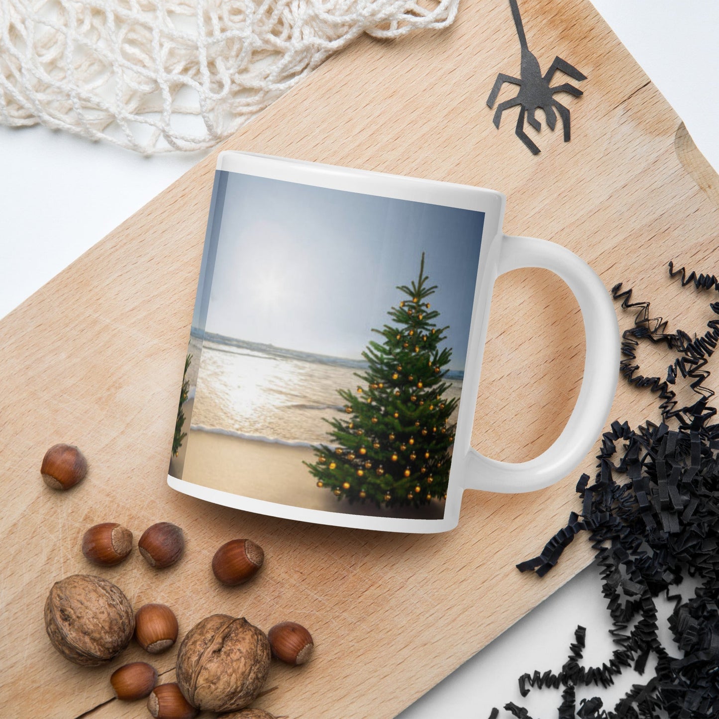 Caribbean Christmas Tree on the Beach White glossy mug Unique Drinkware Dreams