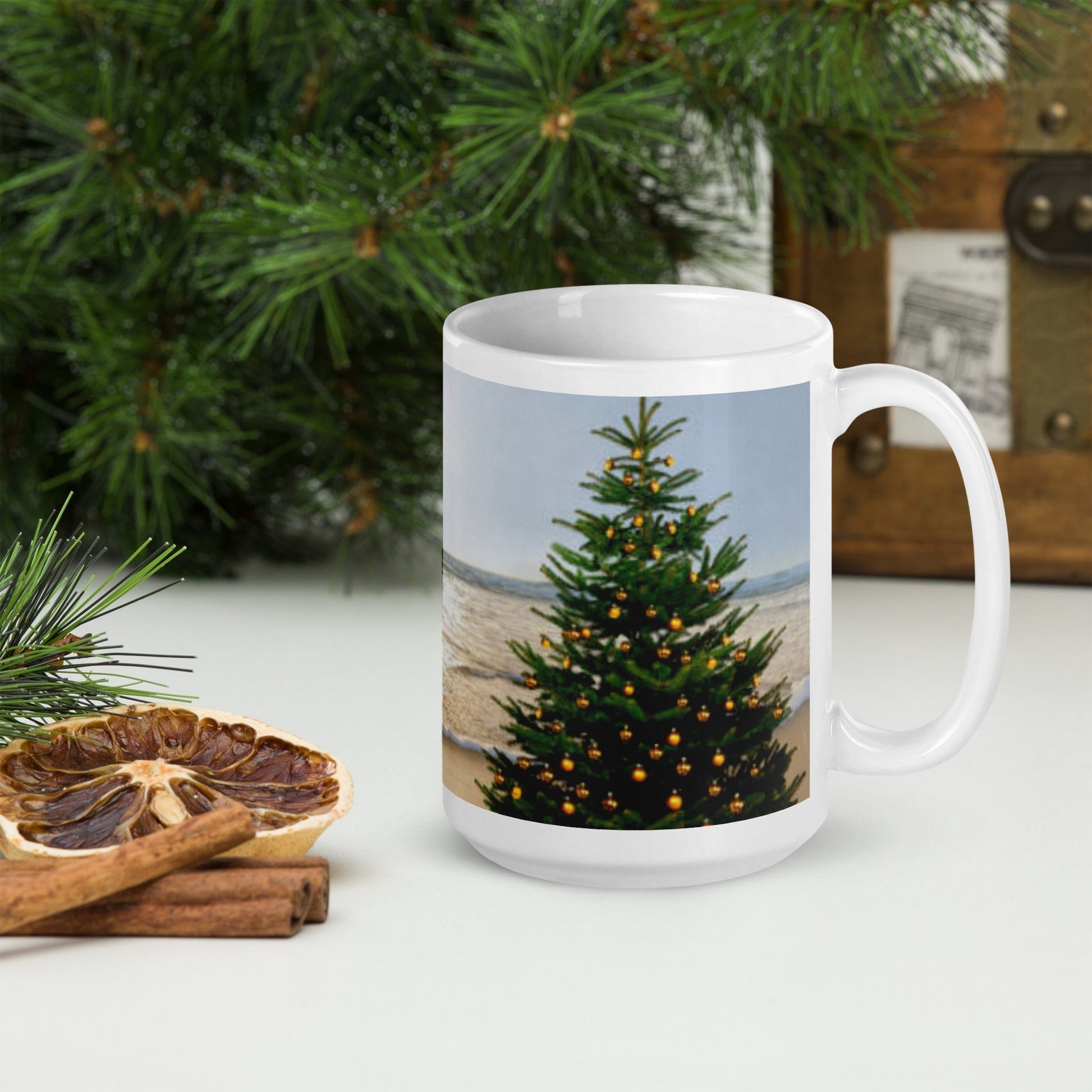 Caribbean Christmas Tree on the Beach White glossy mug Unique Drinkware Dreams