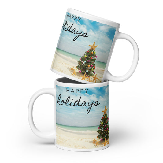 Caribbean Christmas Tree on the Beach White glossy mug Unique Drinkware Dreams