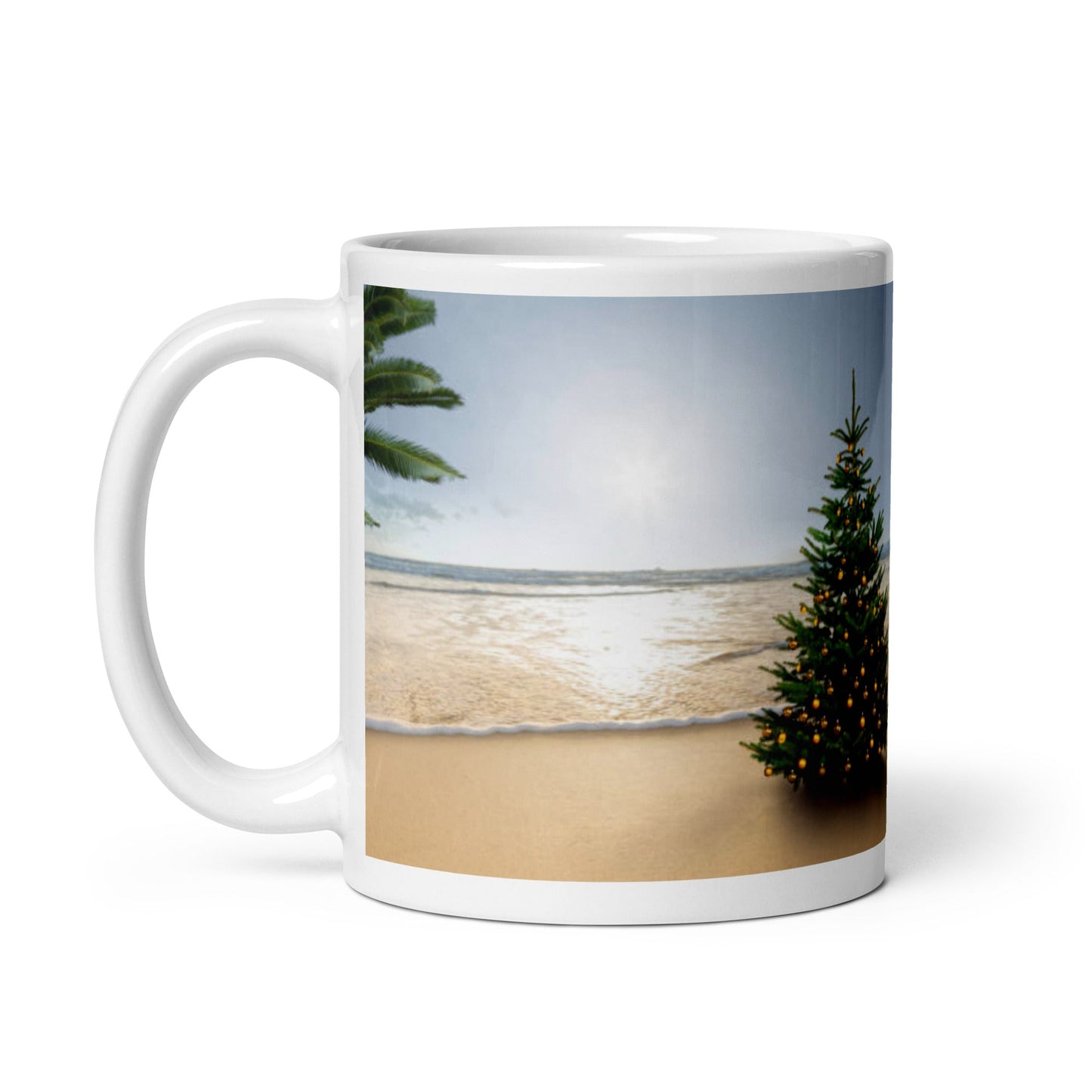 Caribbean Christmas Tree on the Beach White glossy mug Unique Drinkware Dreams