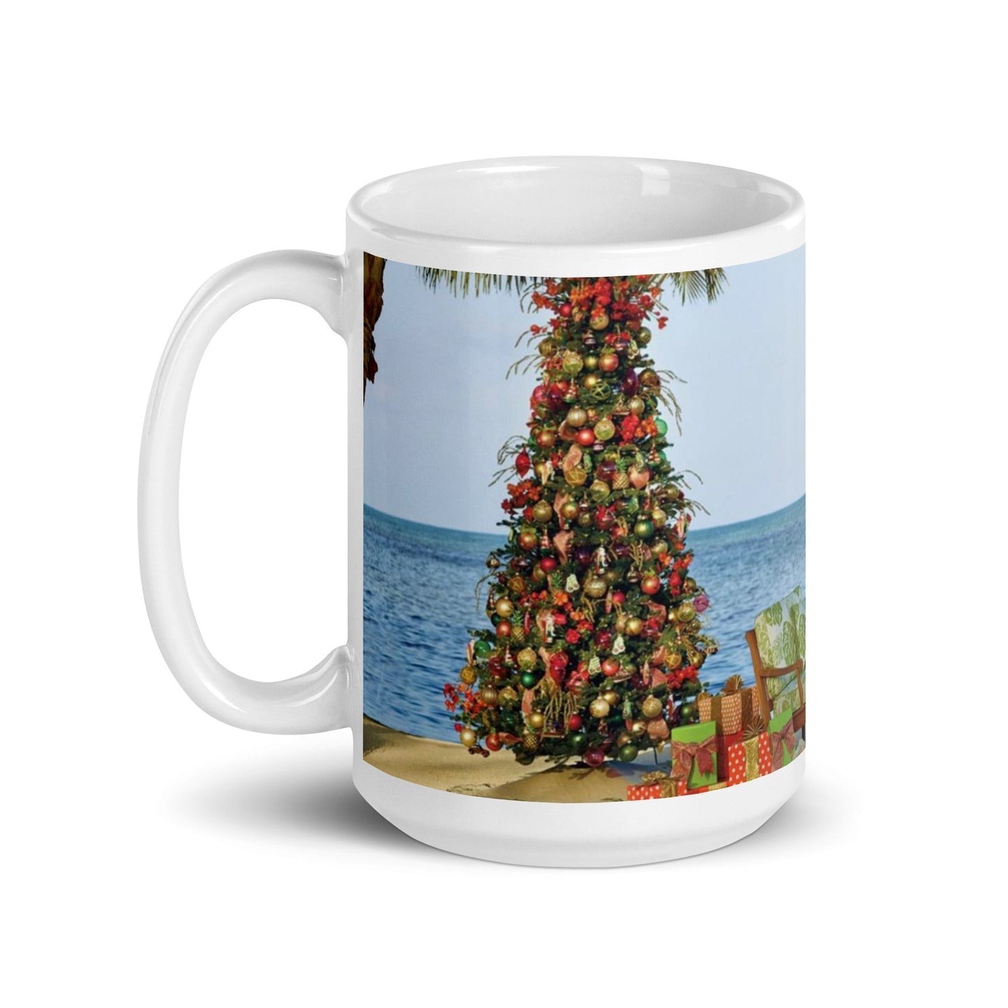 Caribbean Christmas Tree on the Beach White glossy mug Unique Drinkware Dreams