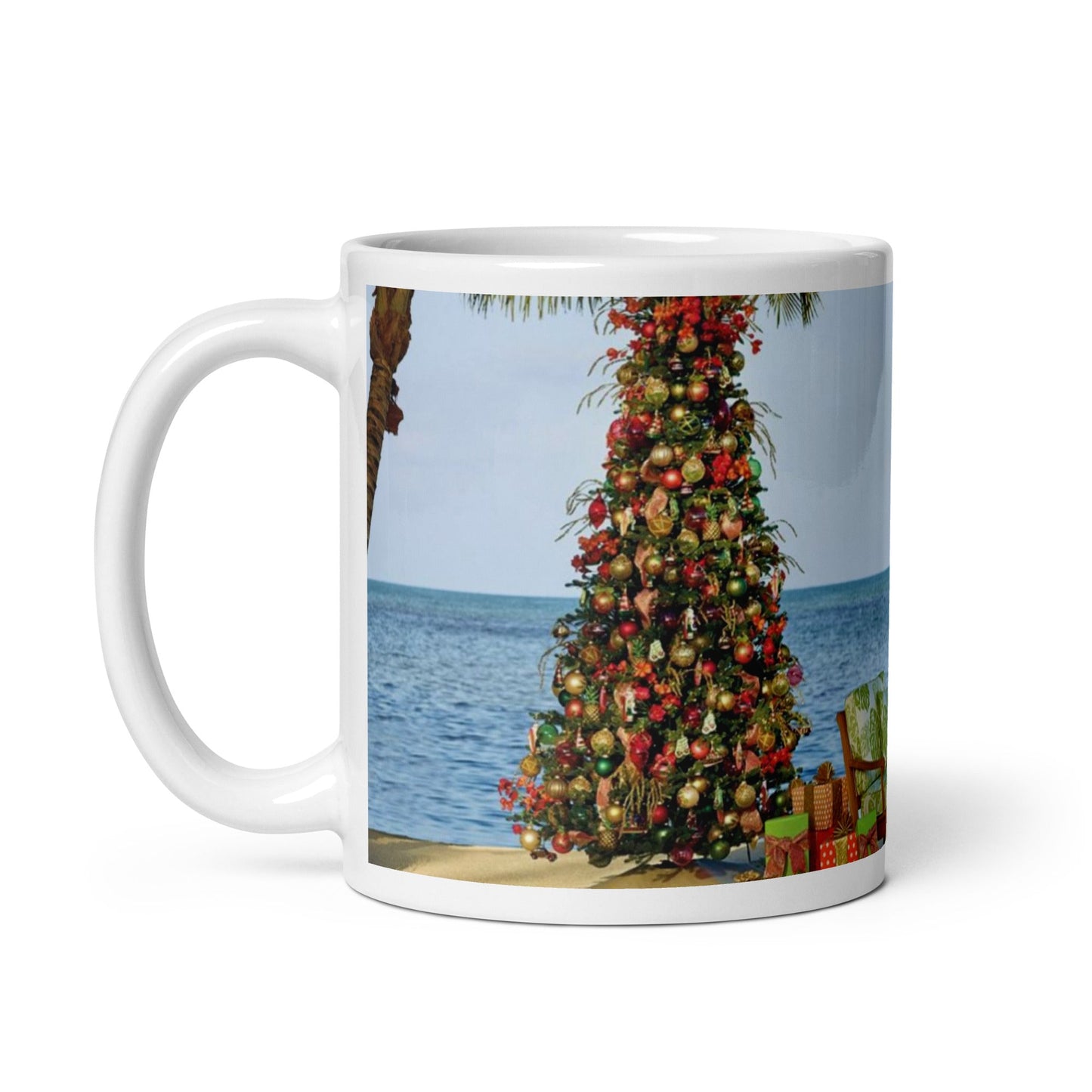 Caribbean Christmas Tree on the Beach White glossy mug Unique Drinkware Dreams