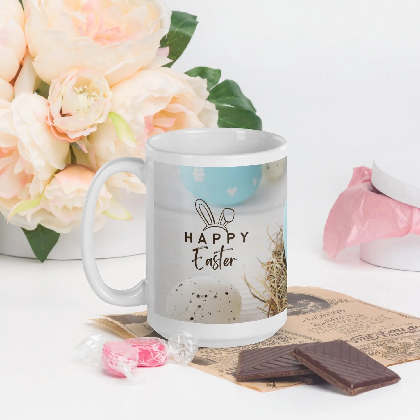 Easter White glossy mug Blue and White Theme Unique Drinkware Dreams