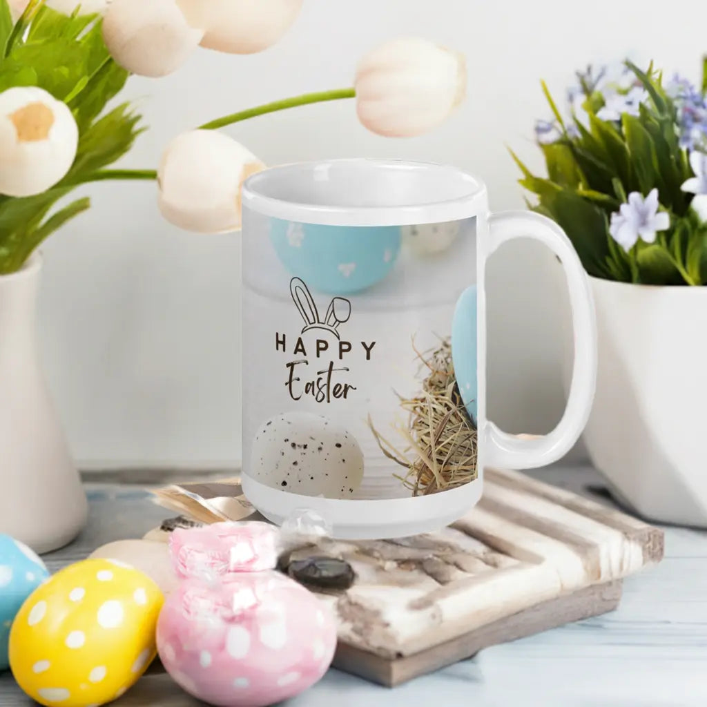 Easter White glossy mug Blue and White Theme Unique Drinkware Dreams