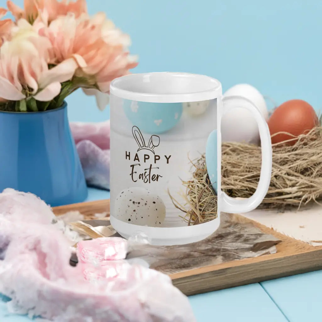 Easter White glossy mug Blue and White Theme Unique Drinkware Dreams