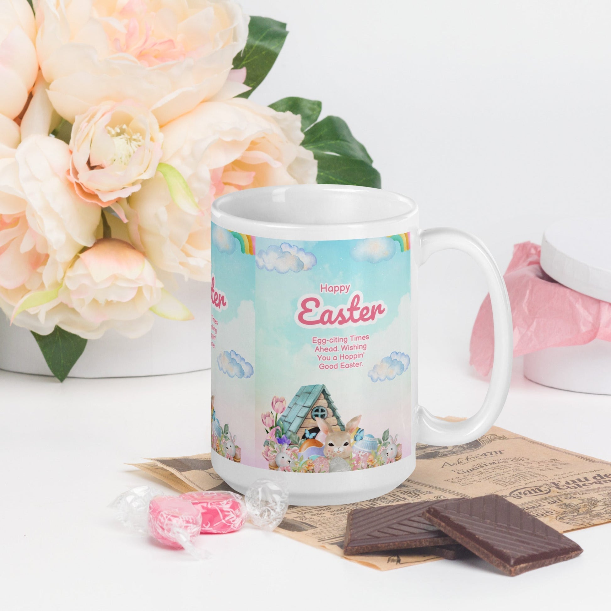 Easter White glossy mug Bunny House Unique Drinkware Dreams