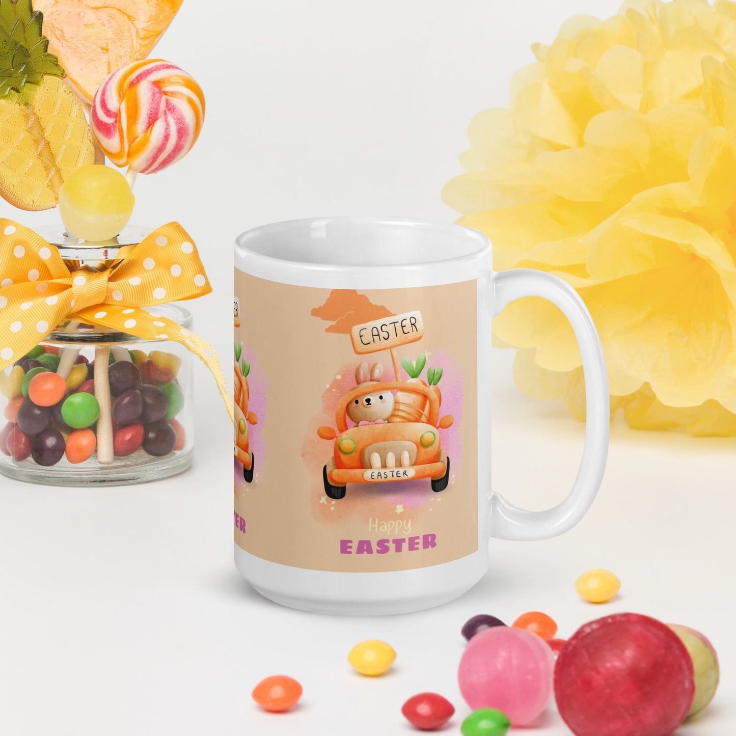 Easter White glossy mug Bunny in Car Unique Drinkware Dreams