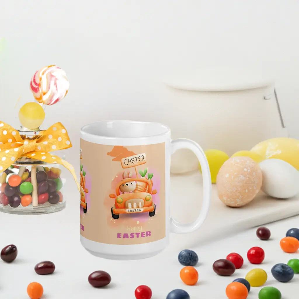 Easter White glossy mug Bunny in Car Unique Drinkware Dreams