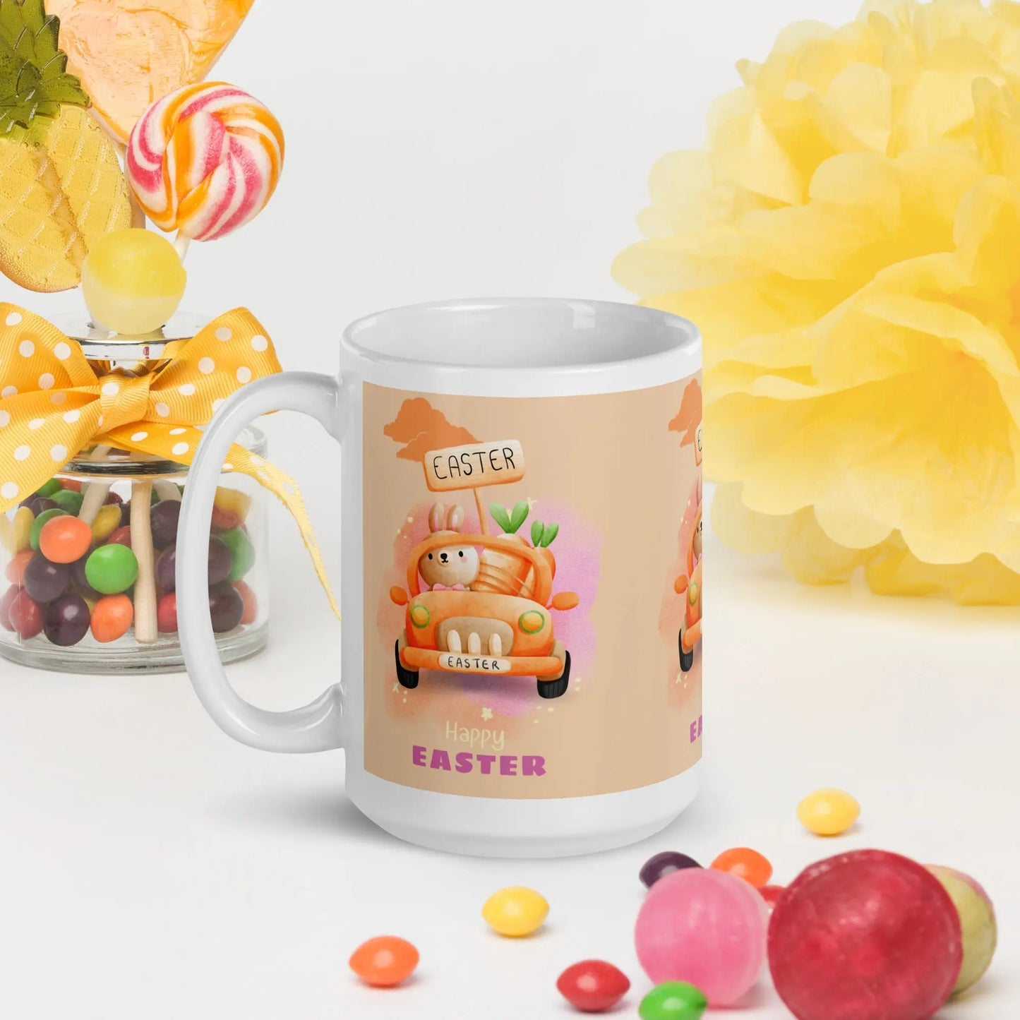 Easter White glossy mug Bunny in Car Unique Drinkware Dreams