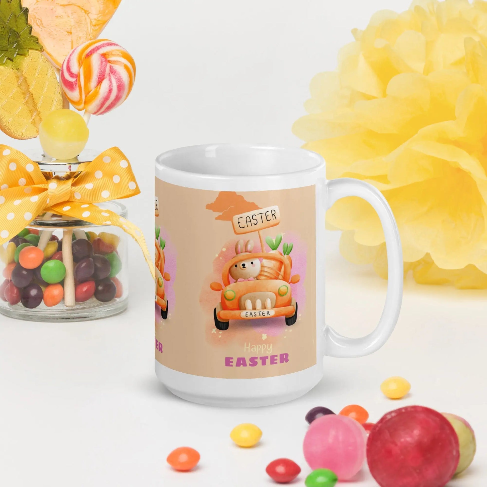Easter White glossy mug Bunny in Car Unique Drinkware Dreams