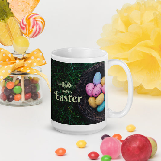 Easter White glossy mug Eggs in Basket Unique Drinkware Dreams