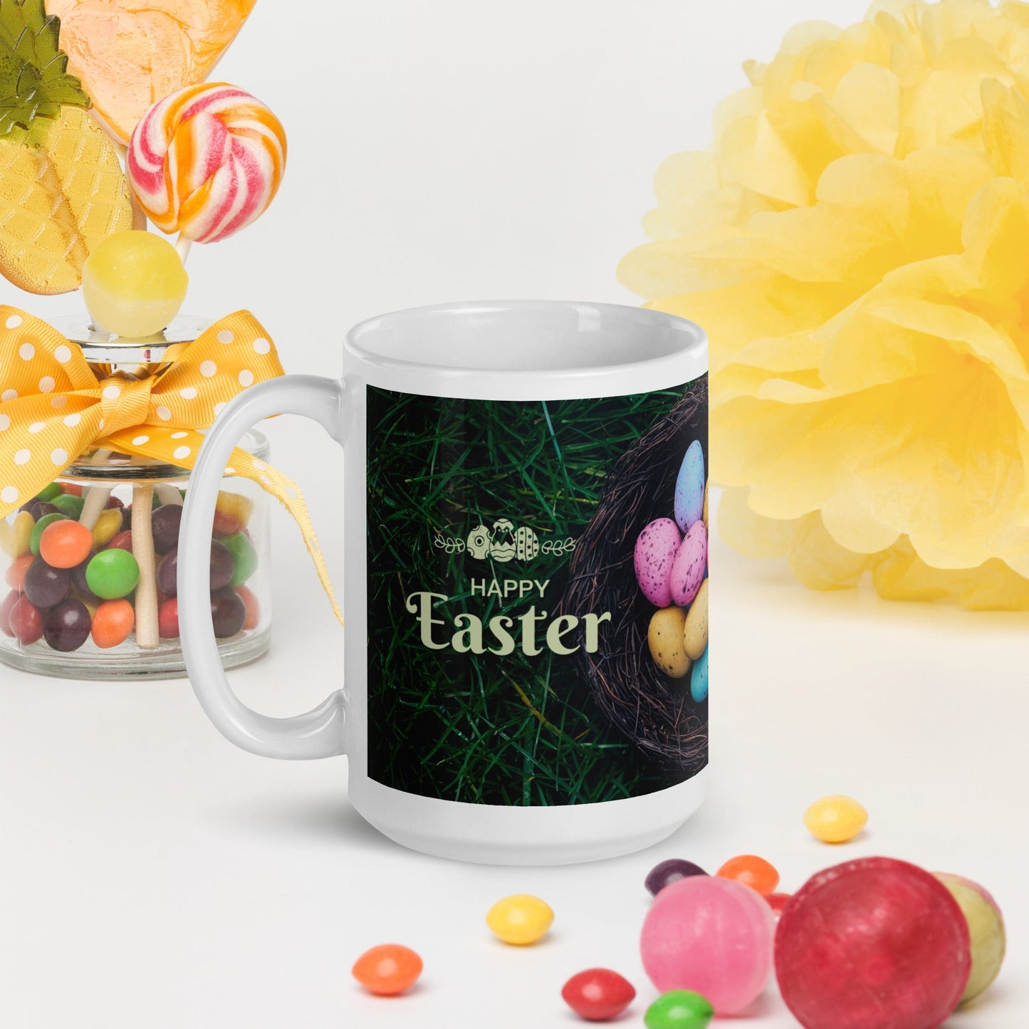 Easter White glossy mug Eggs in Basket Unique Drinkware Dreams