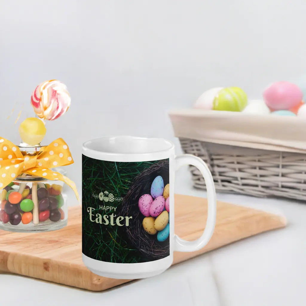 Easter White glossy mug Eggs in Basket Unique Drinkware Dreams