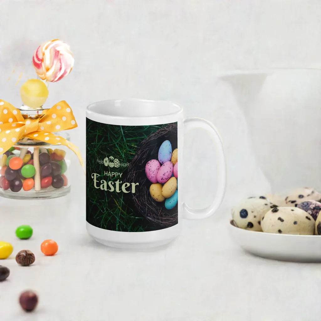 Easter White glossy mug Eggs in Basket Unique Drinkware Dreams