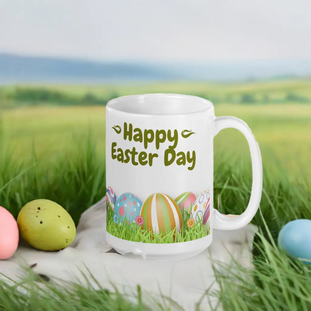Easter White glossy mug Eggs in Field Unique Drinkware Dreams