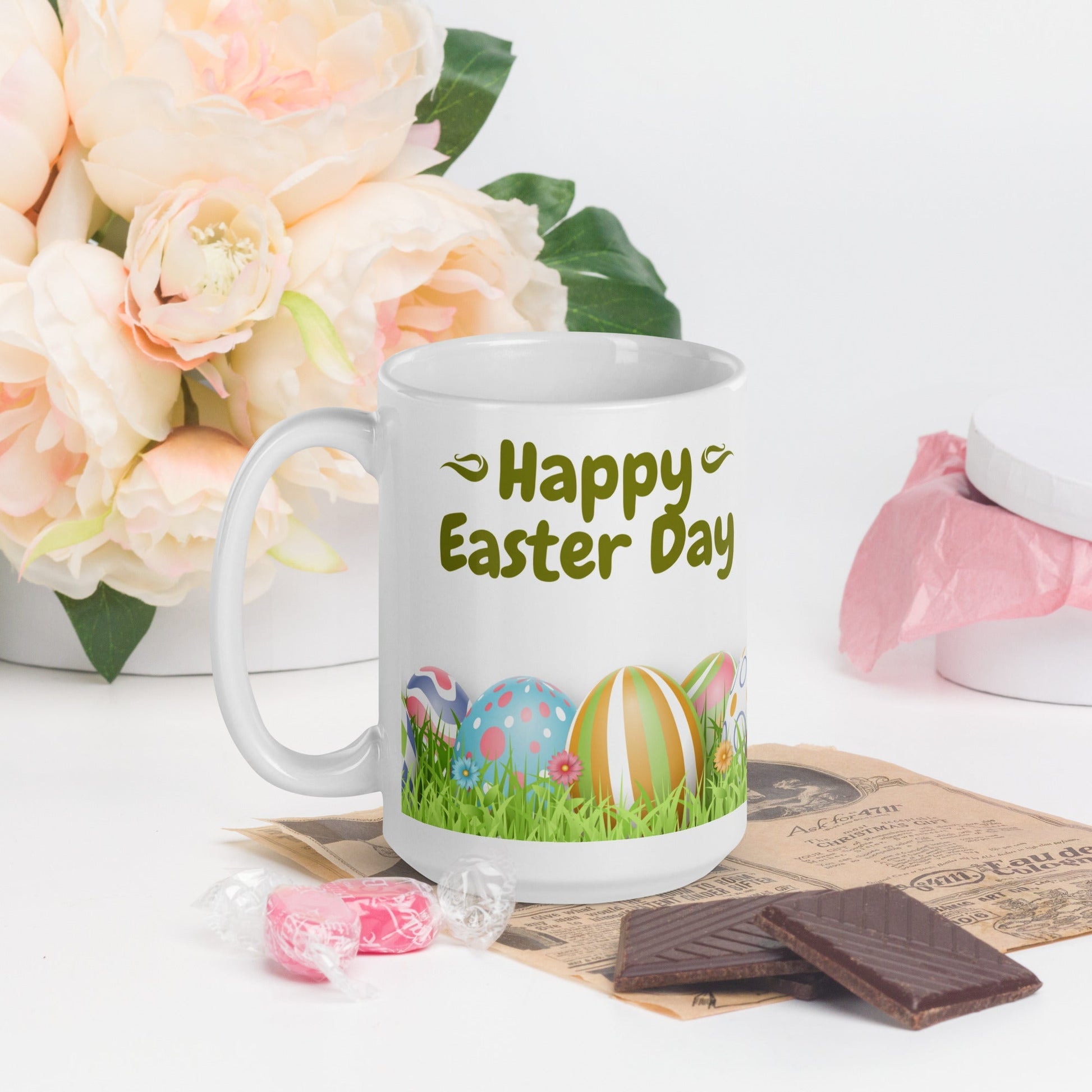 Easter White glossy mug Eggs in Field Unique Drinkware Dreams