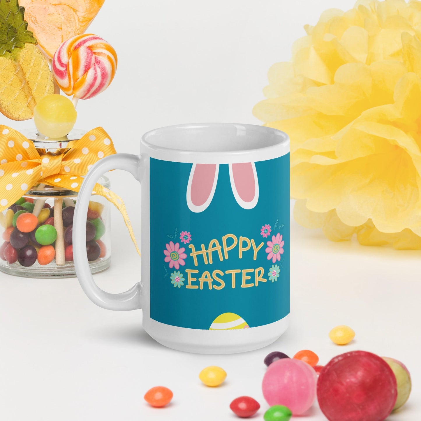 Easter White glossy mug Rabbit Ears Unique Drinkware Dreams