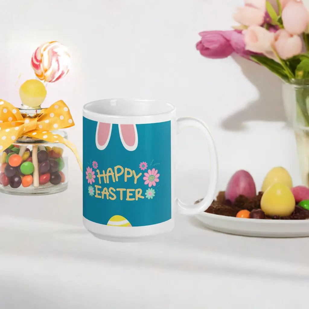 Easter White glossy mug Rabbit Ears Unique Drinkware Dreams