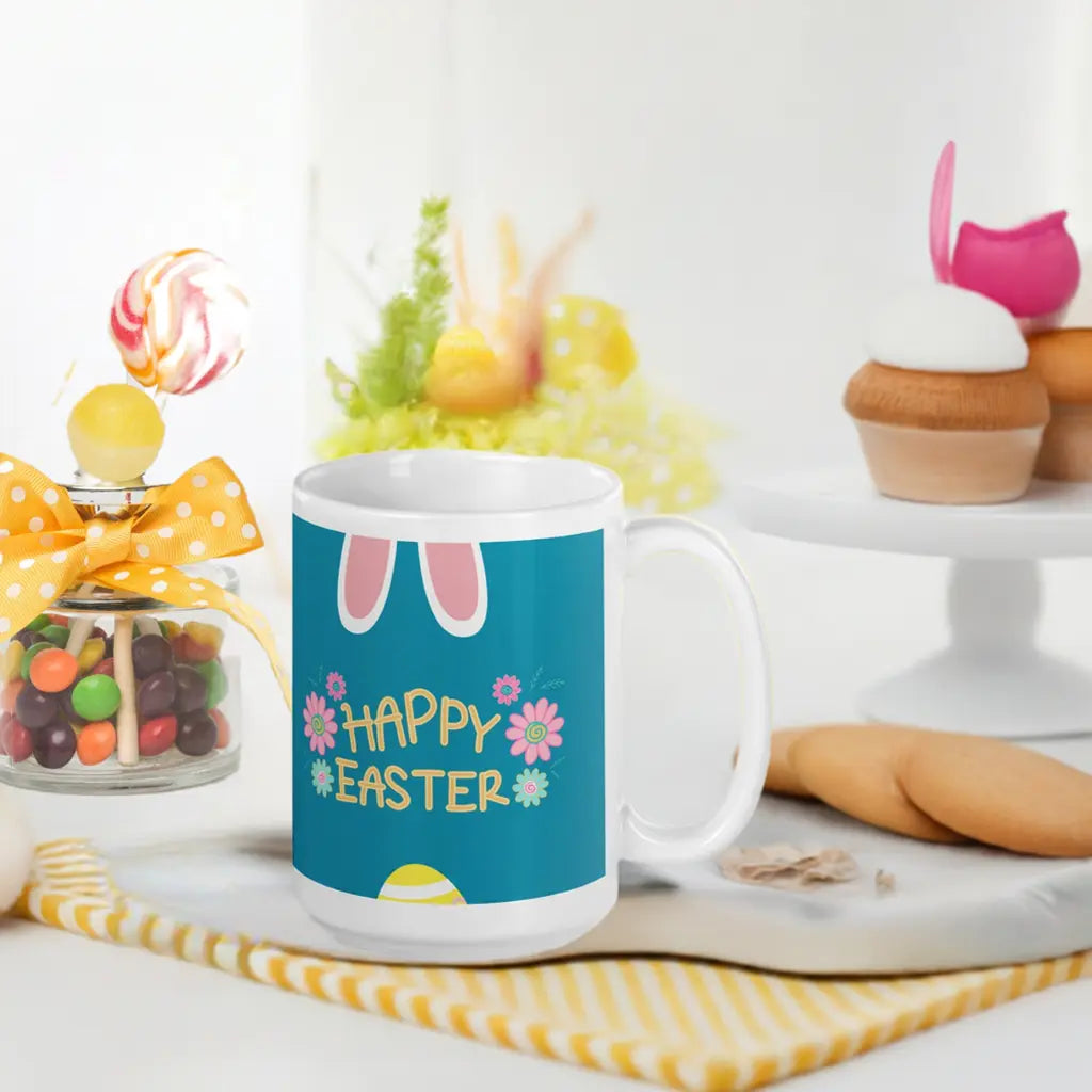 Easter White glossy mug Rabbit Ears Unique Drinkware Dreams