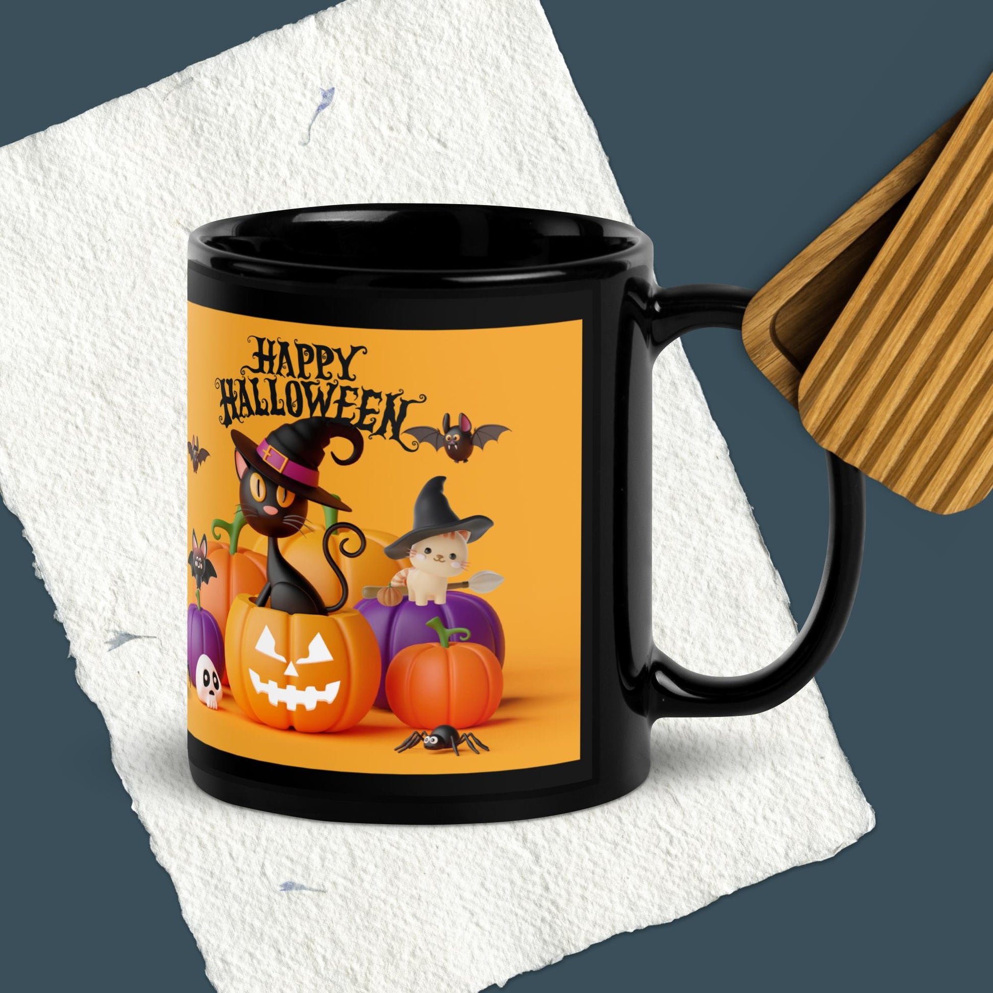 Hapy Halloween Cats in Pumpkins Black Glossy Mug Unique Drinkware Dreams