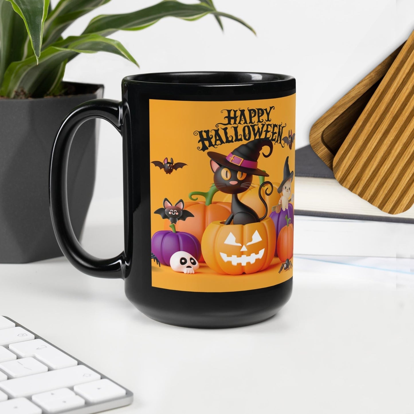 Hapy Halloween Cats in Pumpkins Black Glossy Mug Unique Drinkware Dreams