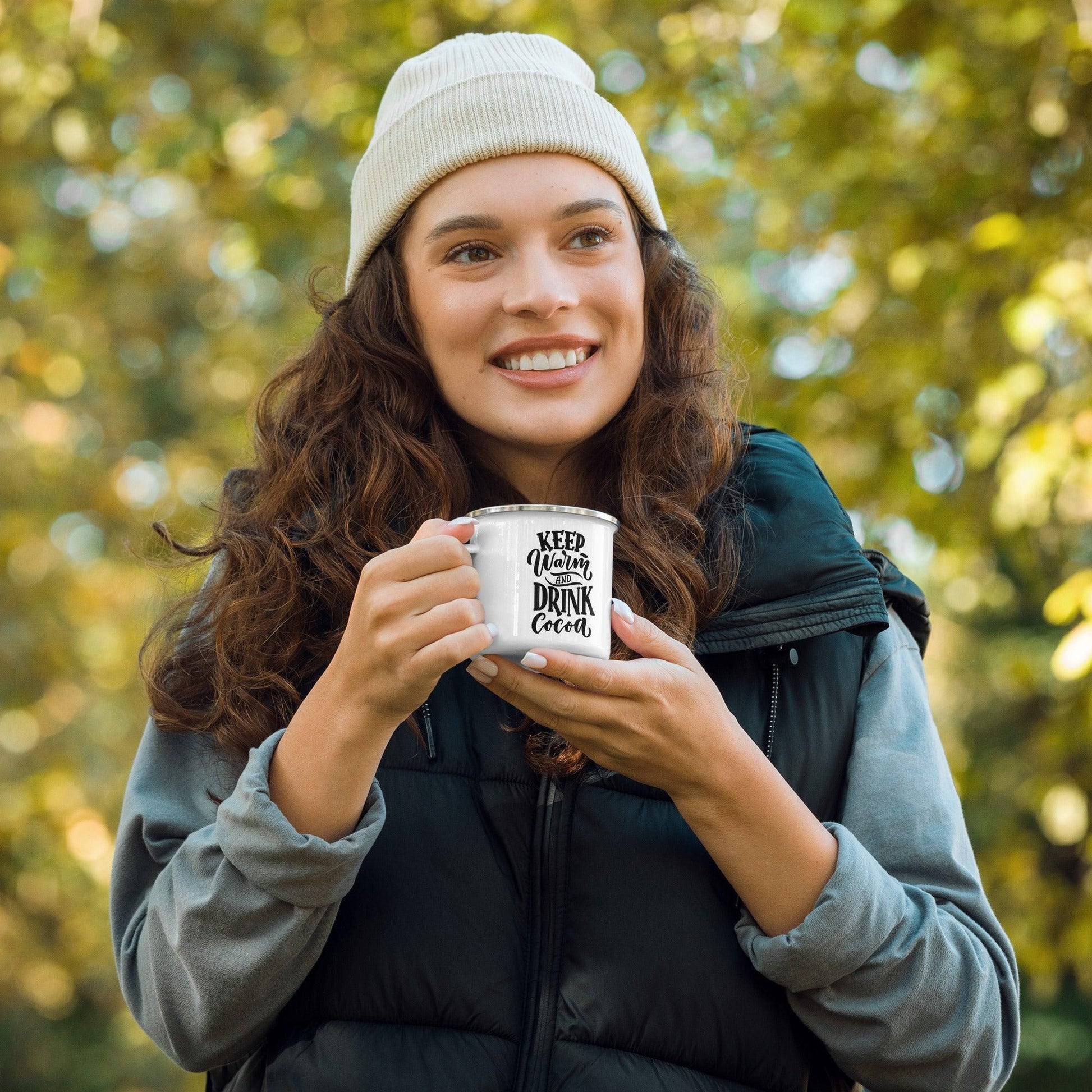 Keep Warm & Drink Cocoa Enamel Mug Unique Drinkware Dreams