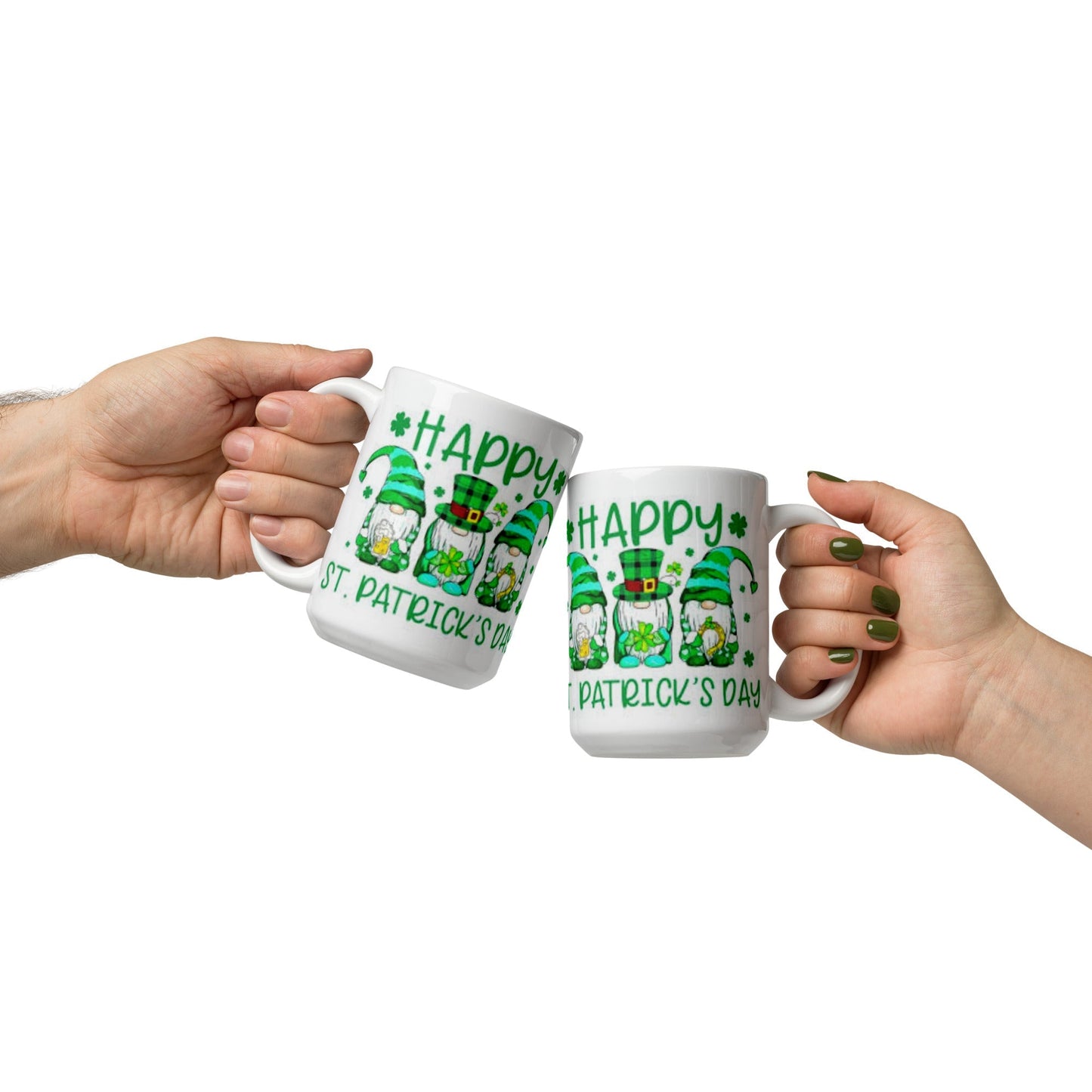 St. Patrick's Day White Glossy Mug 3 Gnomes Unique Drinkware Dreams