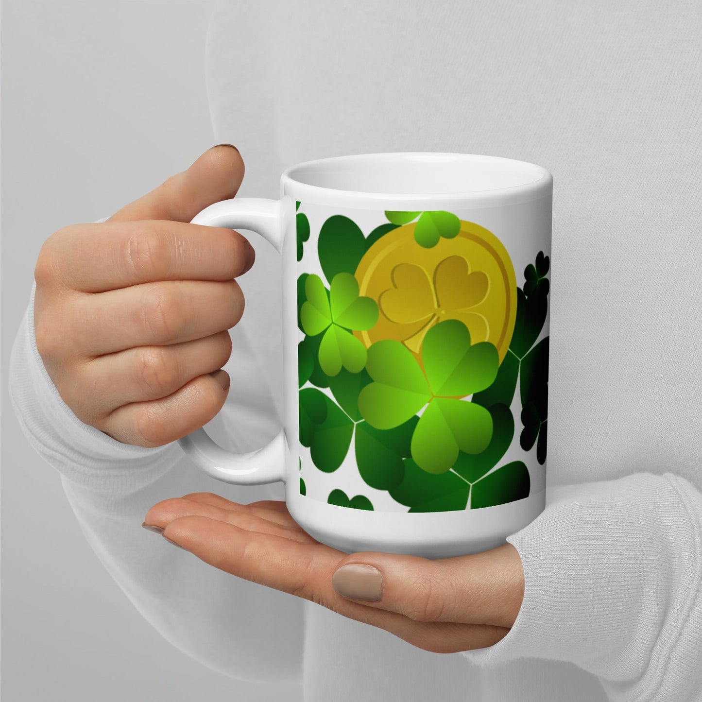 St Patrick's Day White Glossy Mug Shamrock & Money Unique Drinkware Dreams