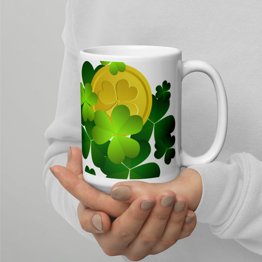 St Patrick's Day White Glossy Mug Shamrock & Money Unique Drinkware Dreams